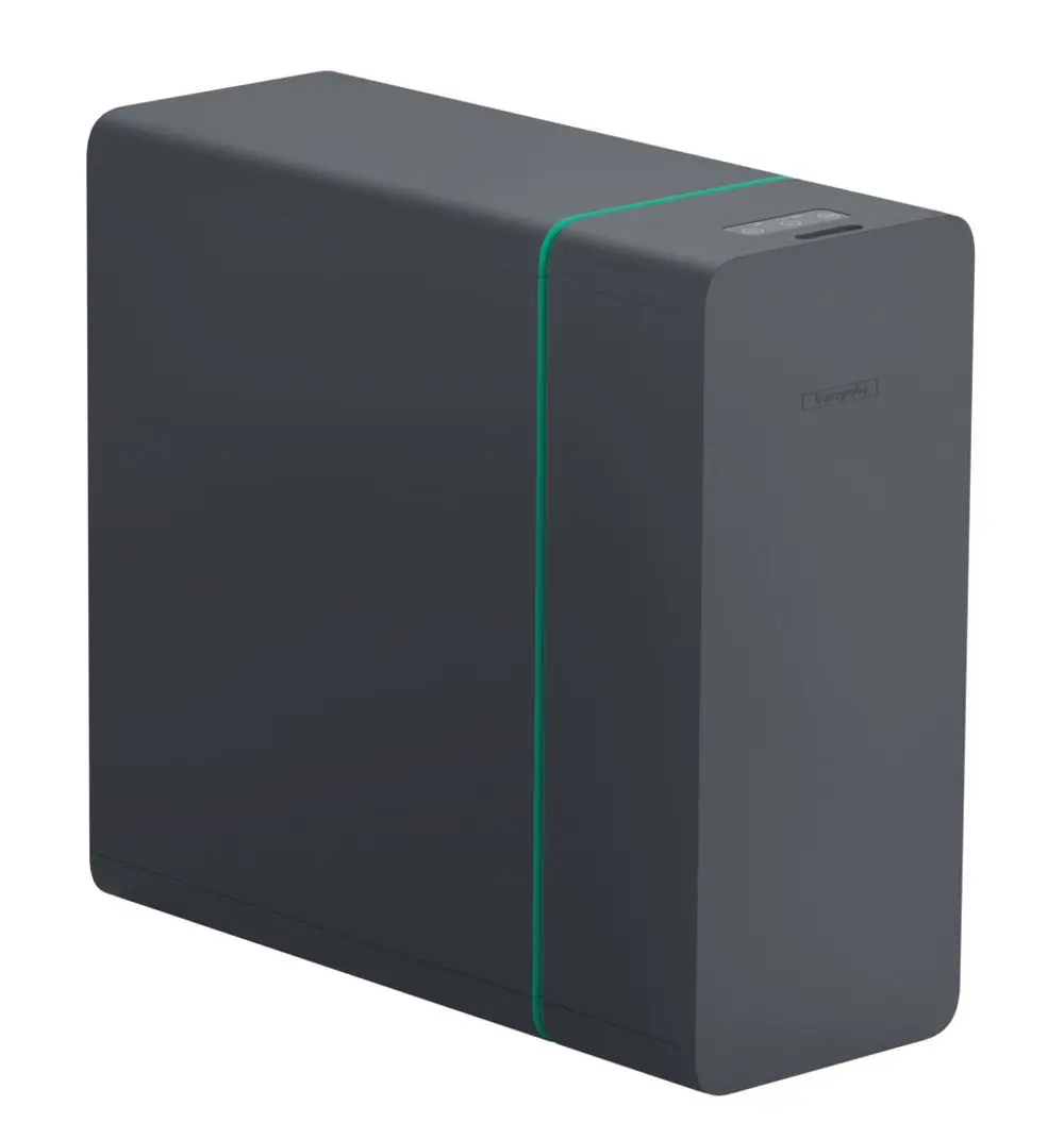 Schwarzes, rechteckiges Gerät mit einer vertikalen Linie in Türkis. Oberfläche glatt, ohne sichtbare Bedienelemente. Produkt von Hansgrohe, möglicherweise für Badezimmeranwendungen.